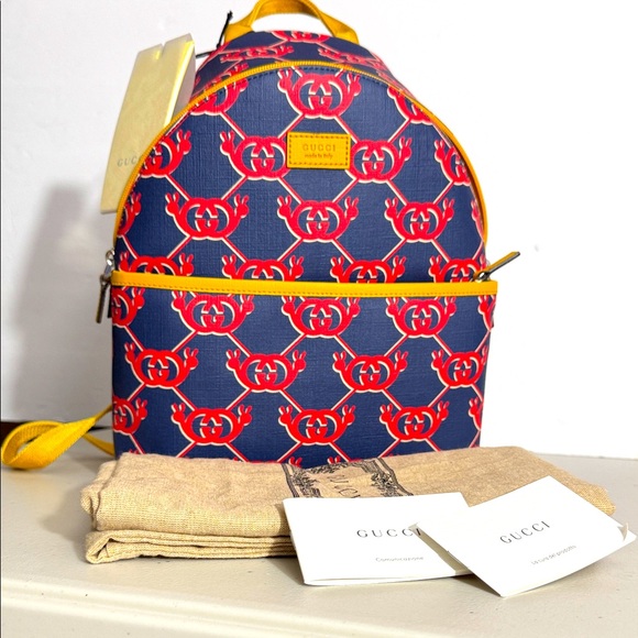 NEW Gucci Blue and Yellow Patterned Backpack PEACE SIGN ✌🏼 AUTHENTIC - Picture 1 of 12